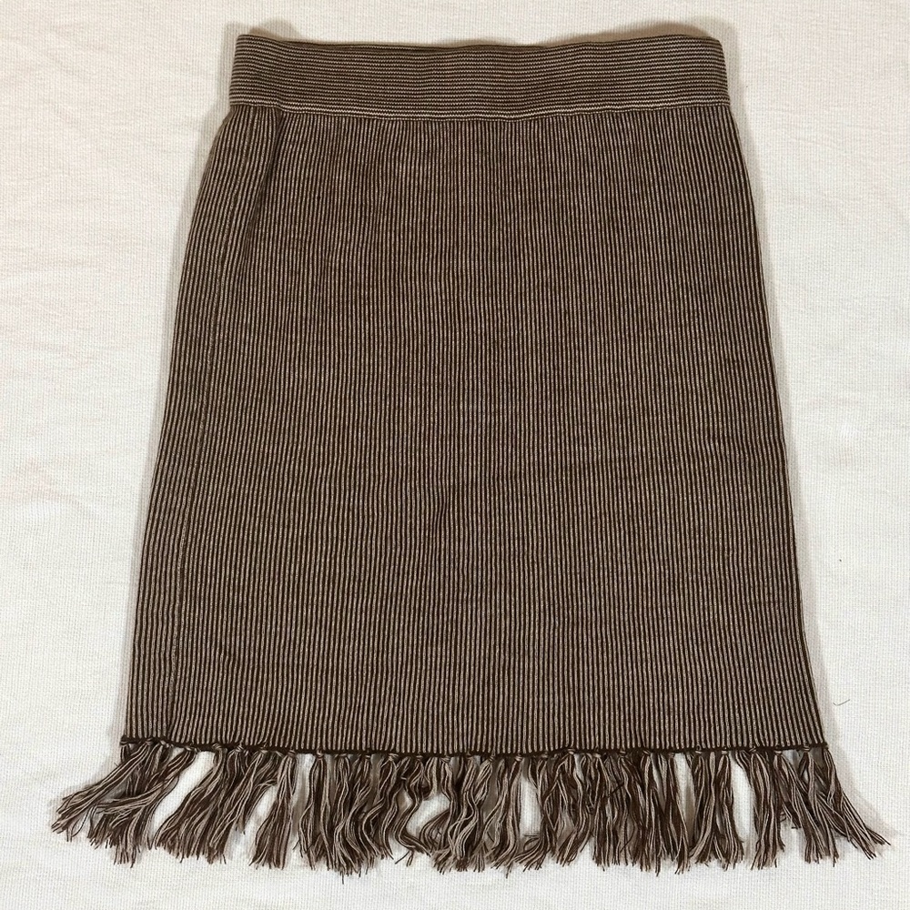 Kenar Brown Beige Striped Fringe Wool Knit Skirt Midi Tassel Medium 90’s - Picture 1 of 6
